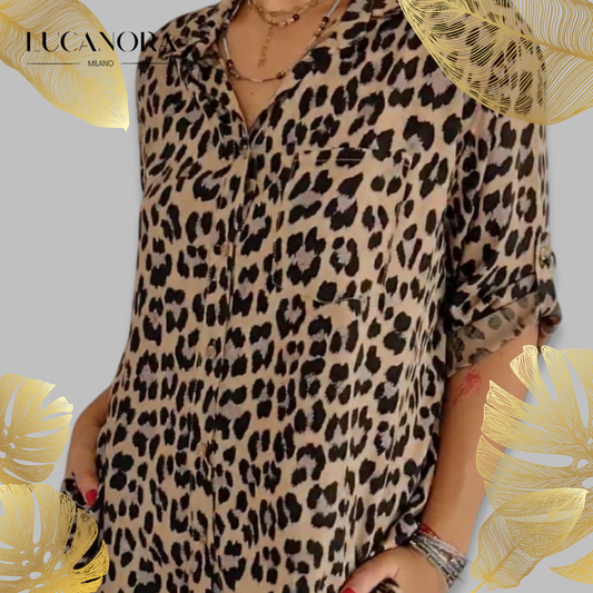 Eva Pandolfo™ Štýlová košeľa s nastaviteľným rukávom a leopardím vzorom